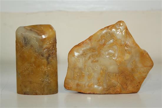 Two Chinese Shoushan stone seals, the first relief carved with sages, signed Luqiao Zhang Dayong in the year jiwei (1919), 8.5 x 5 x